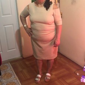 ILE Cold Shoulder Elbow Sleeve Sparkle Dress - Cream - Size 16